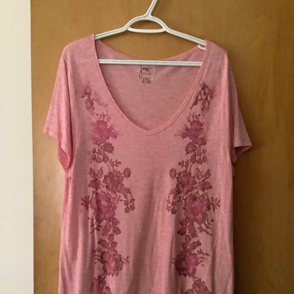 Just My Size Pink Flowery Tshirt 2x 18W-20W V Neck